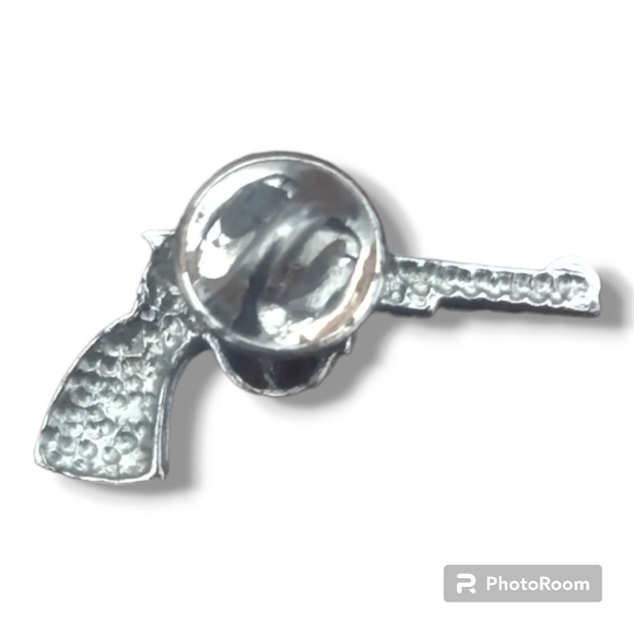 Vintage Silver Revolver Pistol Hat Lapel Pin Button - Picture 4 of 9